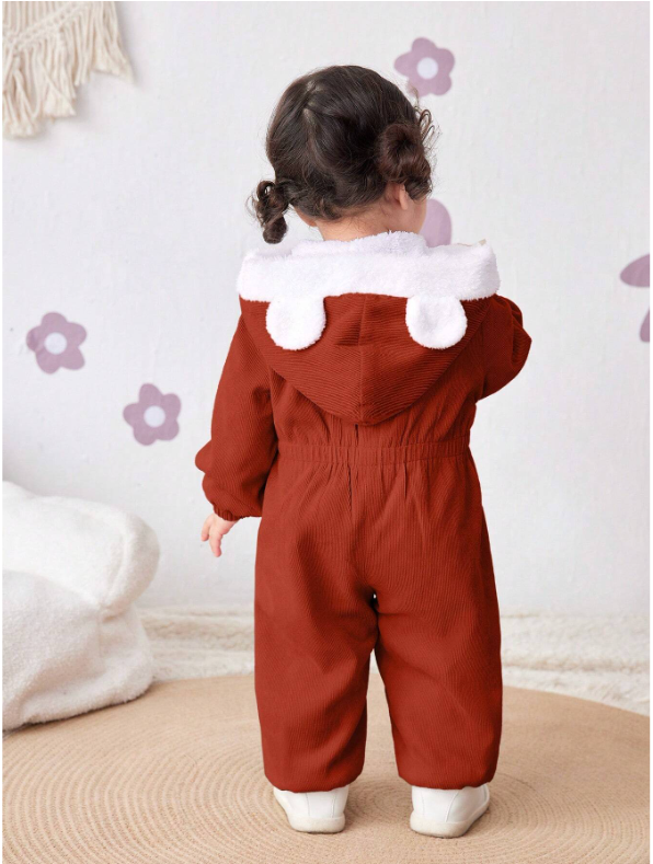 Baby Girl Corduroy Thermal Hooded Jumpsuit