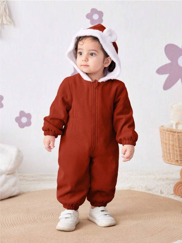 Baby Girl Corduroy Thermal Hooded Jumpsuit