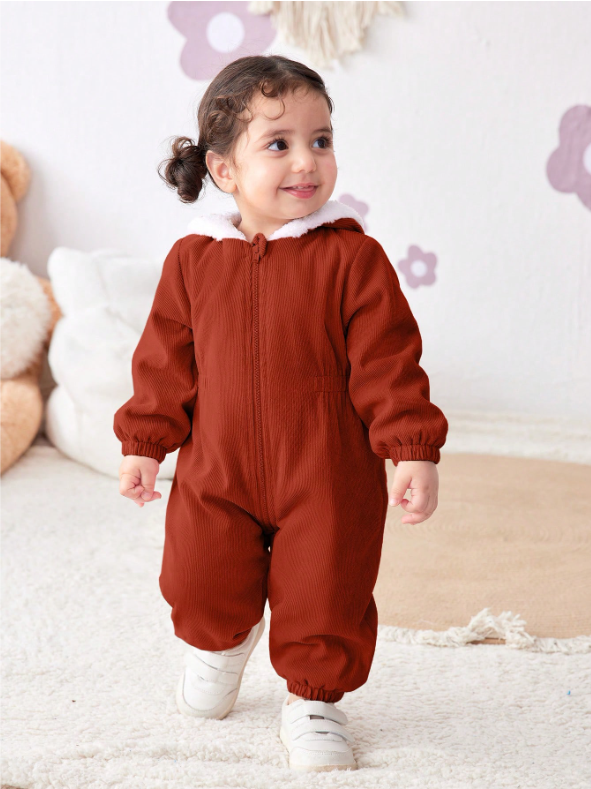 Baby Girl Corduroy Thermal Hooded Jumpsuit