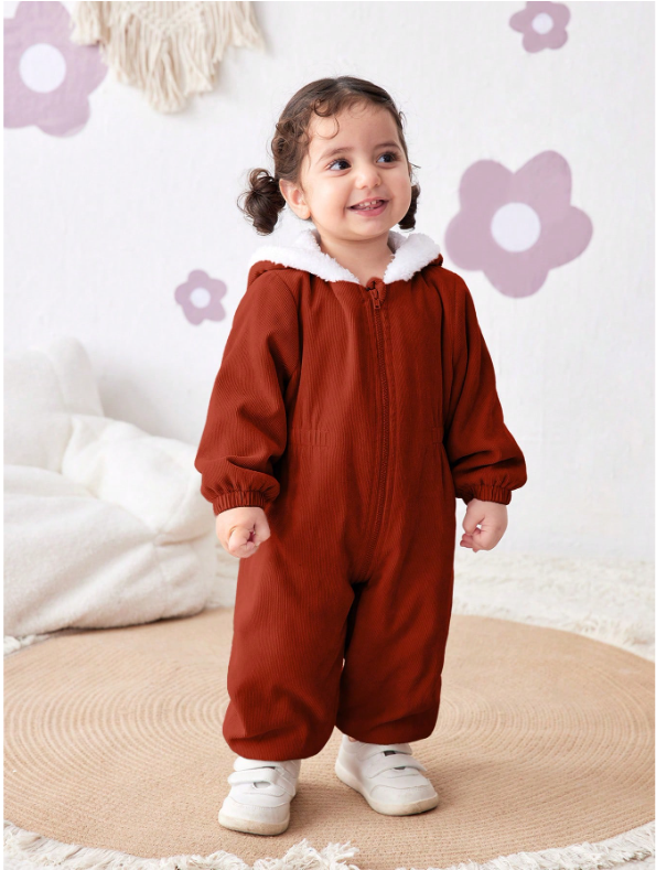 Baby Girl Corduroy Thermal Hooded Jumpsuit