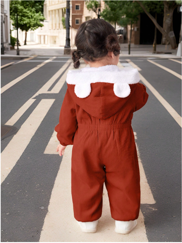 Baby Girl Corduroy Thermal Hooded Jumpsuit
