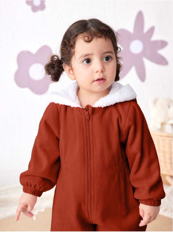 Baby Girl Corduroy Thermal Hooded Jumpsuit