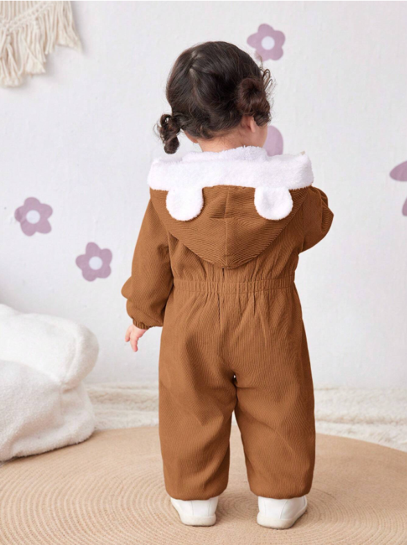 Baby Girl Corduroy Thermal Hooded Jumpsuit