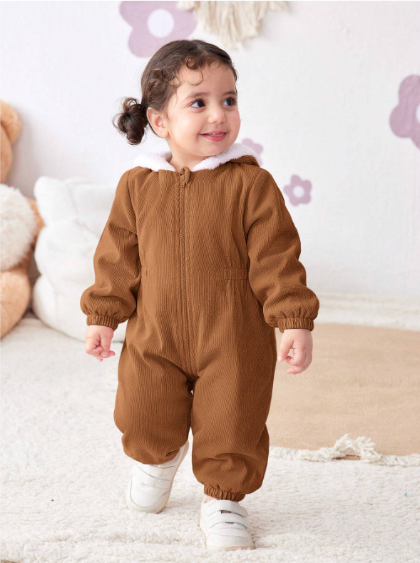 Baby Girl Corduroy Thermal Hooded Jumpsuit