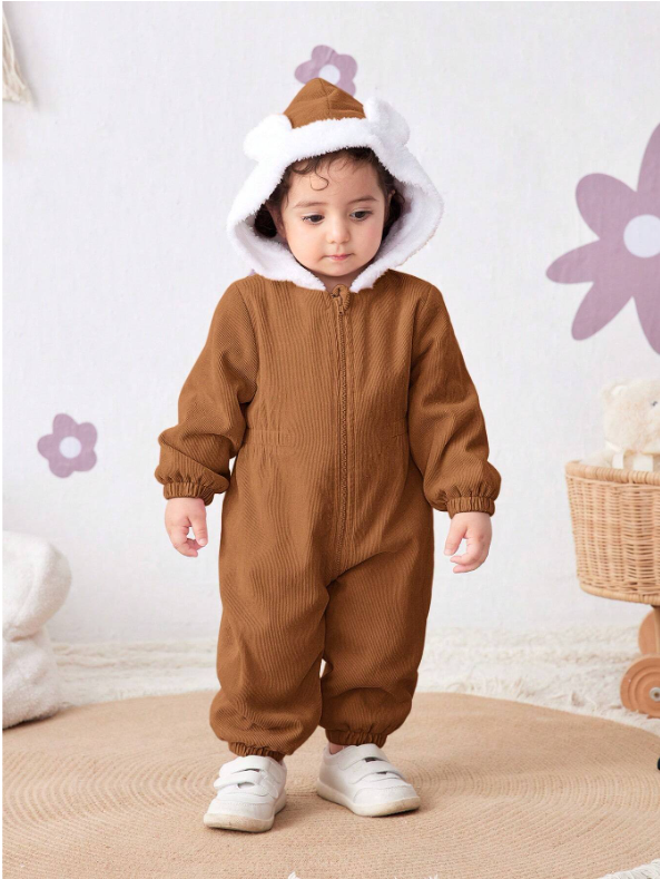 Baby Girl Corduroy Thermal Hooded Jumpsuit