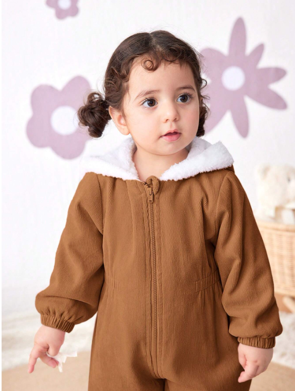 Baby Girl Corduroy Thermal Hooded Jumpsuit