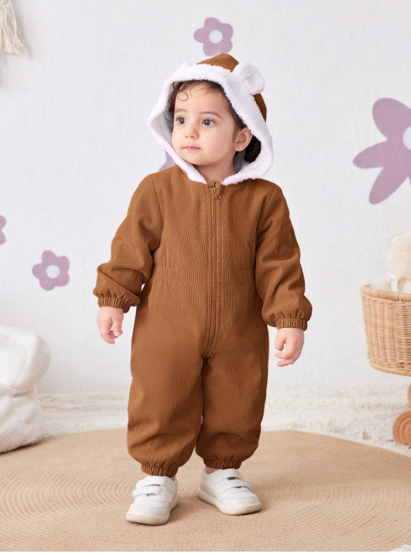 Baby Girl Corduroy Thermal Hooded Jumpsuit
