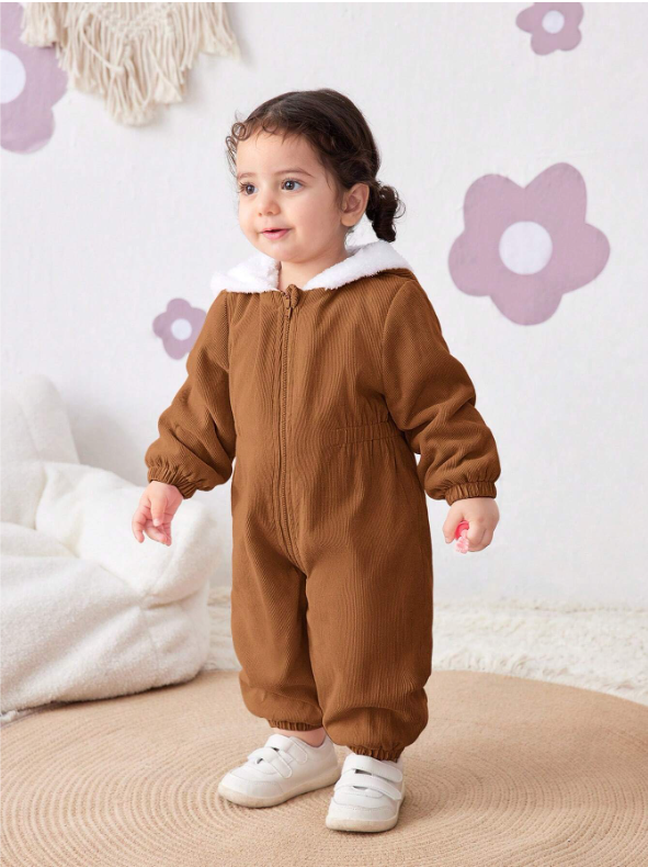 Baby Girl Corduroy Thermal Hooded Jumpsuit