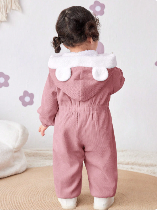 Baby Girl Corduroy Thermal Hooded Jumpsuit