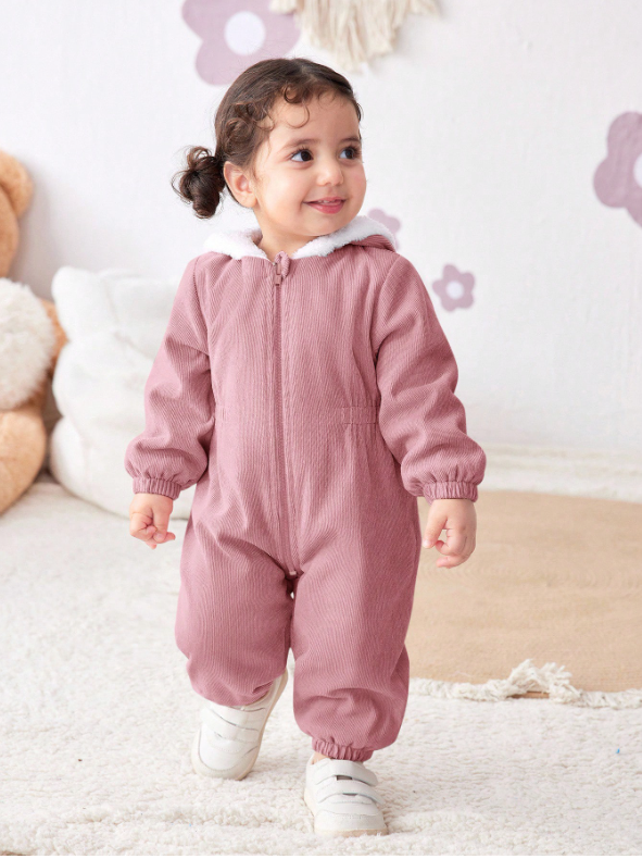 Baby Girl Corduroy Thermal Hooded Jumpsuit