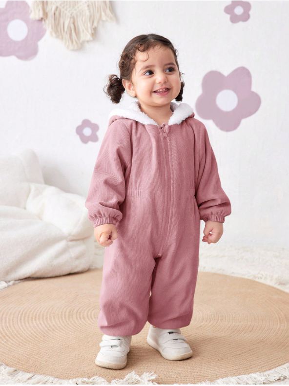 Baby Girl Corduroy Thermal Hooded Jumpsuit