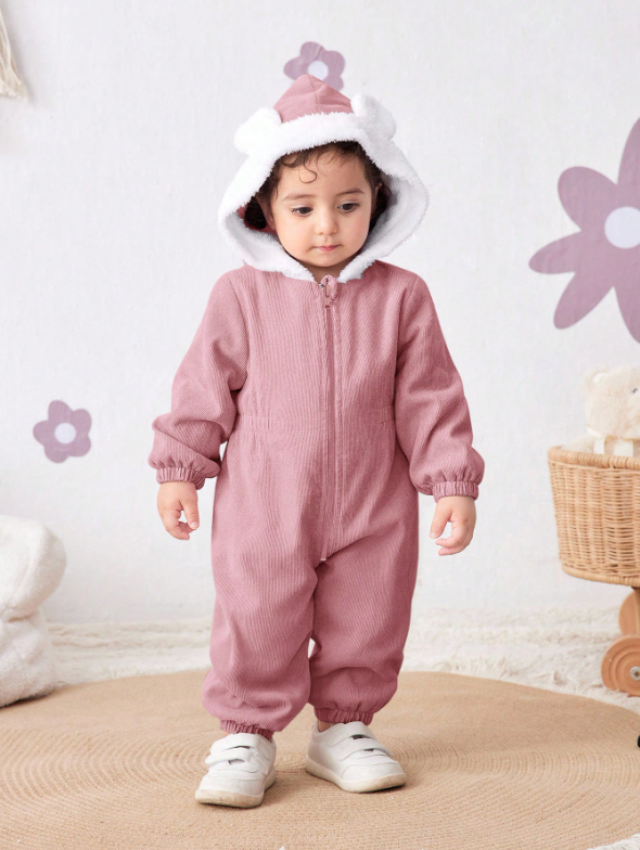 Baby Girl Corduroy Thermal Hooded Jumpsuit