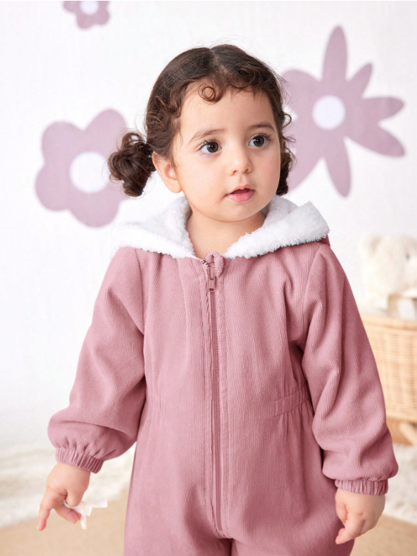 Baby Girl Corduroy Thermal Hooded Jumpsuit