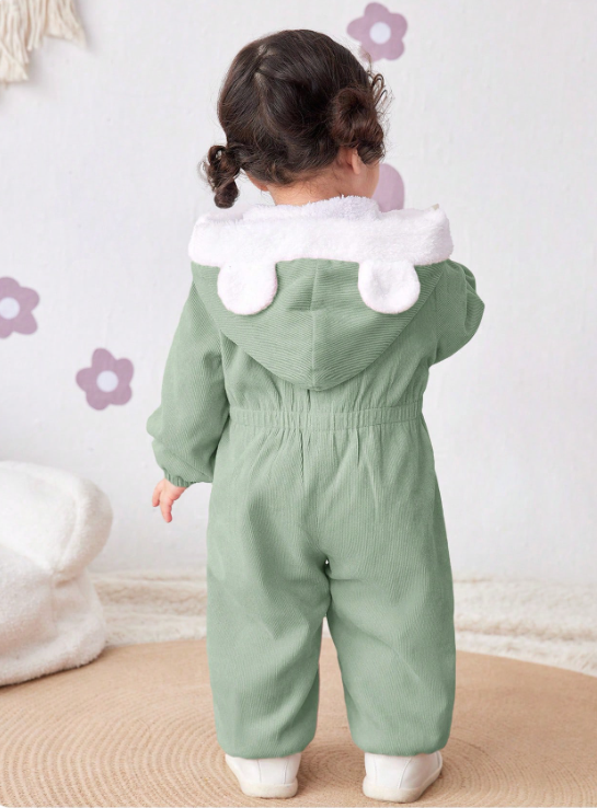 Baby Girl Corduroy Thermal Hooded Jumpsuit