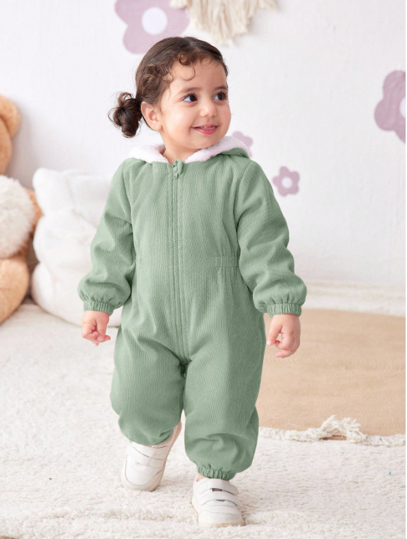 Baby Girl Corduroy Thermal Hooded Jumpsuit