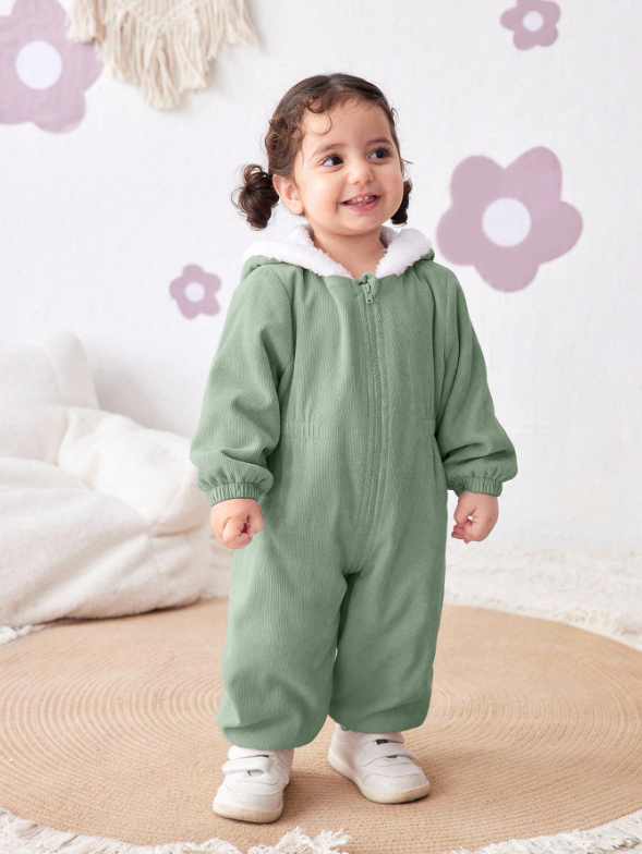 Baby Girl Corduroy Thermal Hooded Jumpsuit