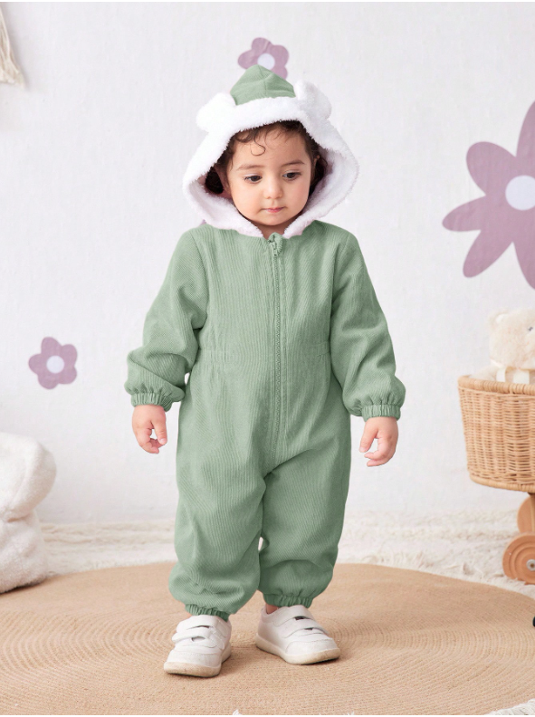 Baby Girl Corduroy Thermal Hooded Jumpsuit