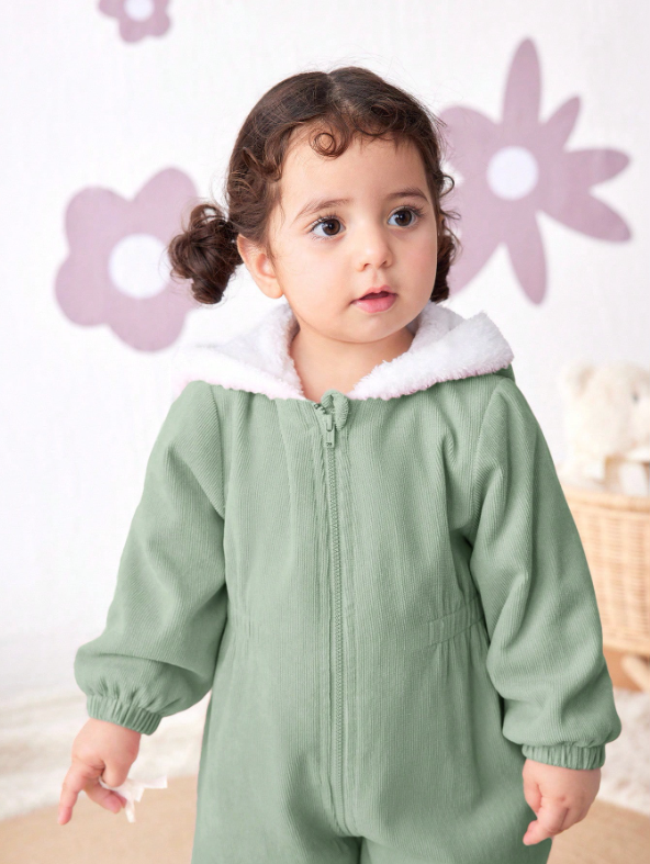 Baby Girl Corduroy Thermal Hooded Jumpsuit