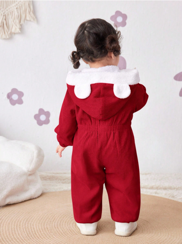 Baby Girl Corduroy Thermal Hooded Jumpsuit
