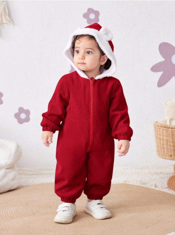 Baby Girl Corduroy Thermal Hooded Jumpsuit