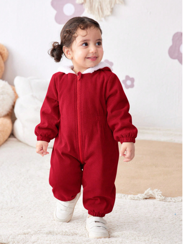 Baby Girl Corduroy Thermal Hooded Jumpsuit