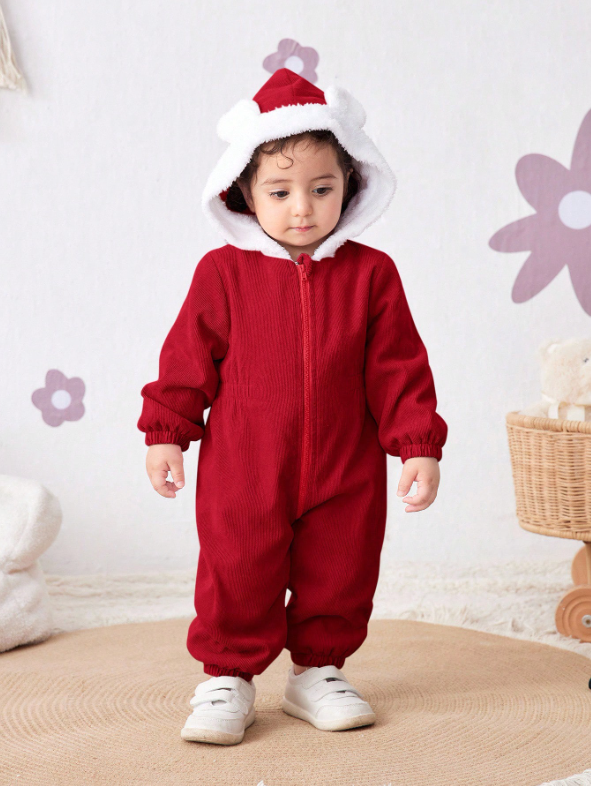 Baby Girl Corduroy Thermal Hooded Jumpsuit