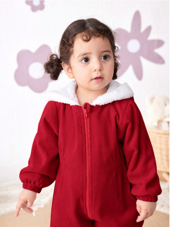 Baby Girl Corduroy Thermal Hooded Jumpsuit