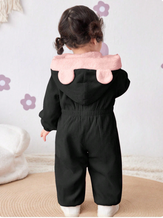 Baby Girl Corduroy Thermal Hooded Jumpsuit