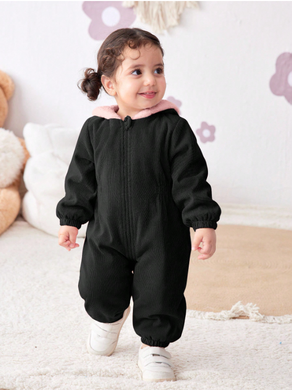 Baby Girl Corduroy Thermal Hooded Jumpsuit