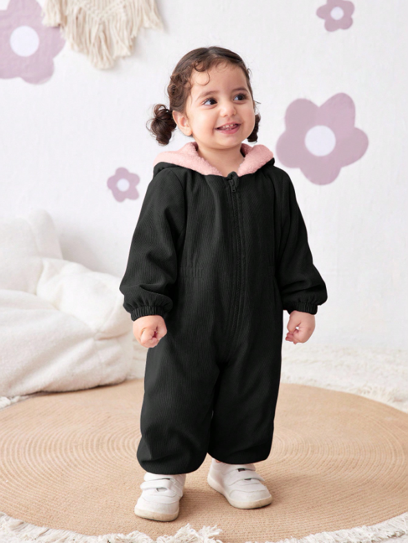 Baby Girl Corduroy Thermal Hooded Jumpsuit