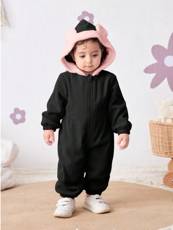 Baby Girl Corduroy Thermal Hooded Jumpsuit