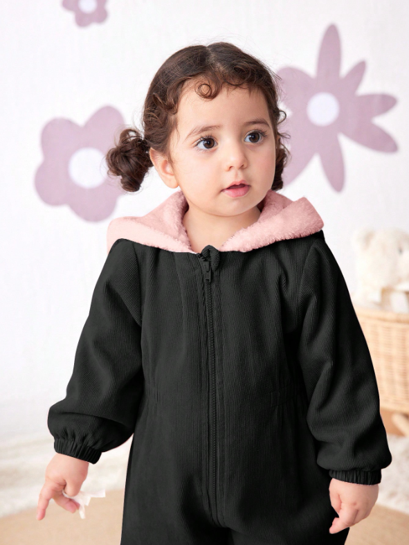 Baby Girl Corduroy Thermal Hooded Jumpsuit
