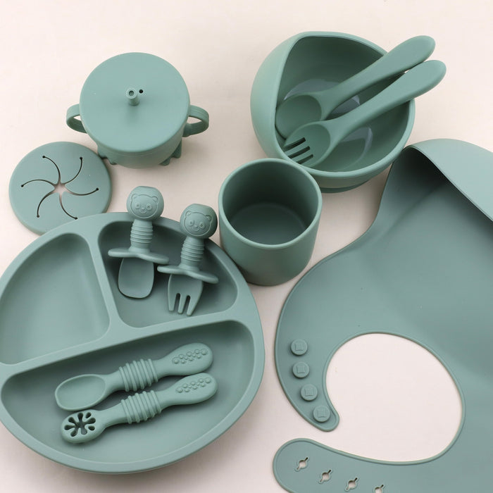 12pcs Silicone Youngsters Feeding Set  Includes Suction Bowl Divided Plate Spoon  Fork Sippy Cup with Adjustable Bib  Perfect for Youngsters Learning to SelfFeed  Available in Cream Red Green Blue