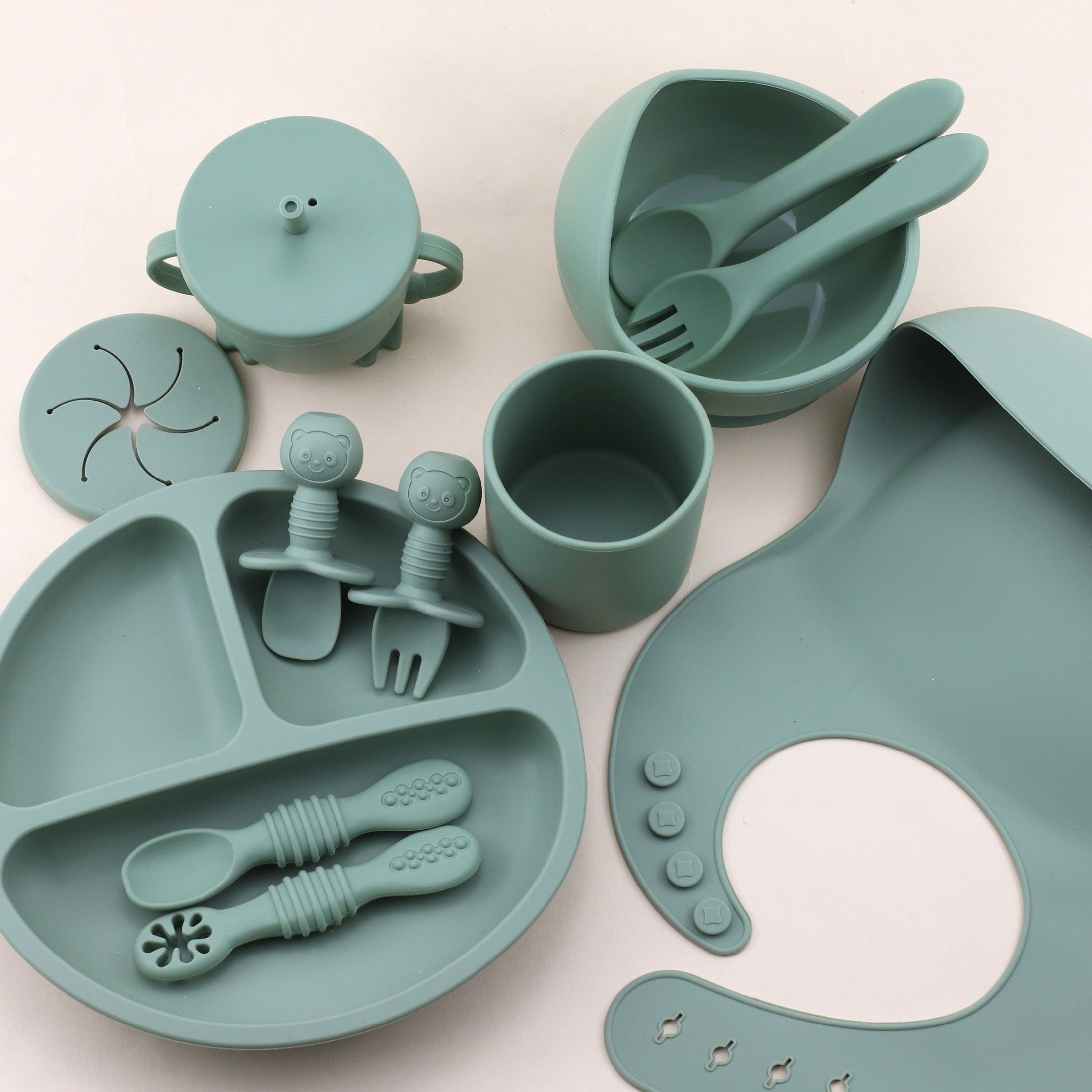 12pcs Silicone Youngsters Feeding Set  Includes Suction Bowl Divided Plate Spoon  Fork Sippy Cup with Adjustable Bib  Perfect for Youngsters Learning to SelfFeed  Available in Cream Red Green Blue