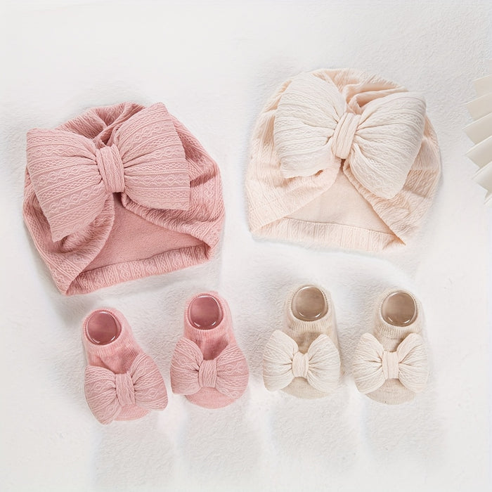 2pcsSet Baby HatsSocks Set Large Puff Bows Girls Beanies Caps 012m NonSlip Short Sock Infant Newborn Turban Headwraps Photography Props