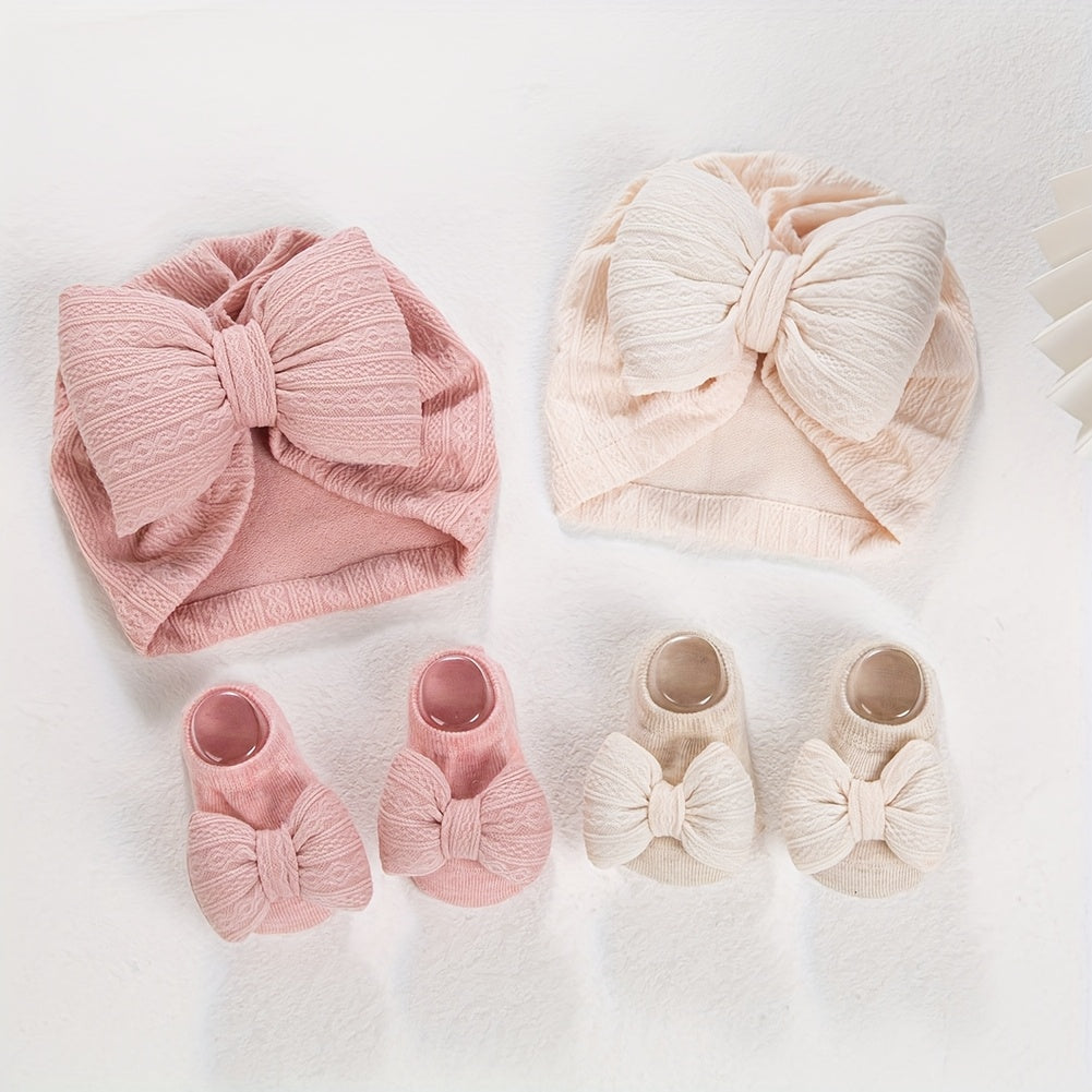2pcsSet Baby HatsSocks Set Large Puff Bows Girls Beanies Caps 012m NonSlip Short Sock Infant Newborn Turban Headwraps Photography Props